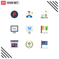 Pictogram Set of 9 Simple Flat Colors of commerce, browser, alcohol bottles, apparel, display