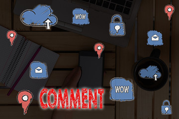 Poster - Writing note showing Comment. Business concept for Verbal Written remark expressing opinion Communicating reaction