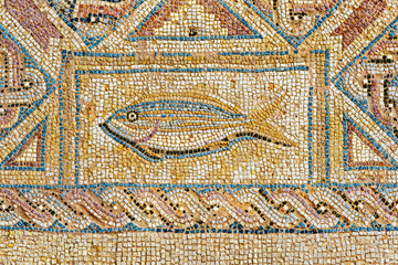 Fragment of mosaic depicting fish in the house of Eustolios (4th century), the ancient city of Kourion, near Limassol, Episkopi, Cyprus