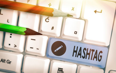 Poster - Word writing text Hashtag. Business photo showcasing a word or phrase preceded by a hash sign Type of metadata tag