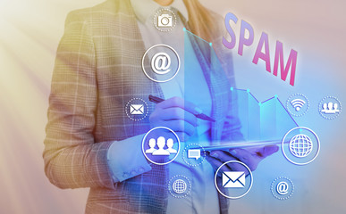 Poster - writing note showing spam. business concept for intrusive advertising inappropriate messages sent on