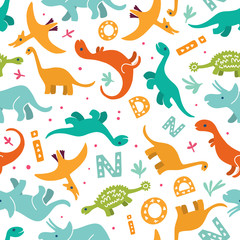  Children's seamless pattern with a hand-drawn dinosaur in the Scandinavian style. Vector children's background for fabric, textiles, paper