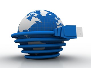 Poster - 3d rendering Network connection, internet communication and computer technology concept, closeup view of curved Ethernet cable plug connector
