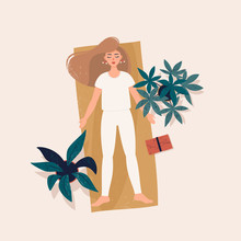 Vector Illustration Of A Blonde Woman Doing Yoga In Shavasana Pose On The Rug Surrounded Potted Plants And A Book. Lying Woman In Flat Style