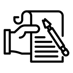 Poster - Paper in hand and ink pen icon. Outline paper in hand and ink pen vector icon for web design isolated on white background