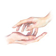 Contact artwork. Connecting people watercolor art. Hands touch painting. Love and family illustration