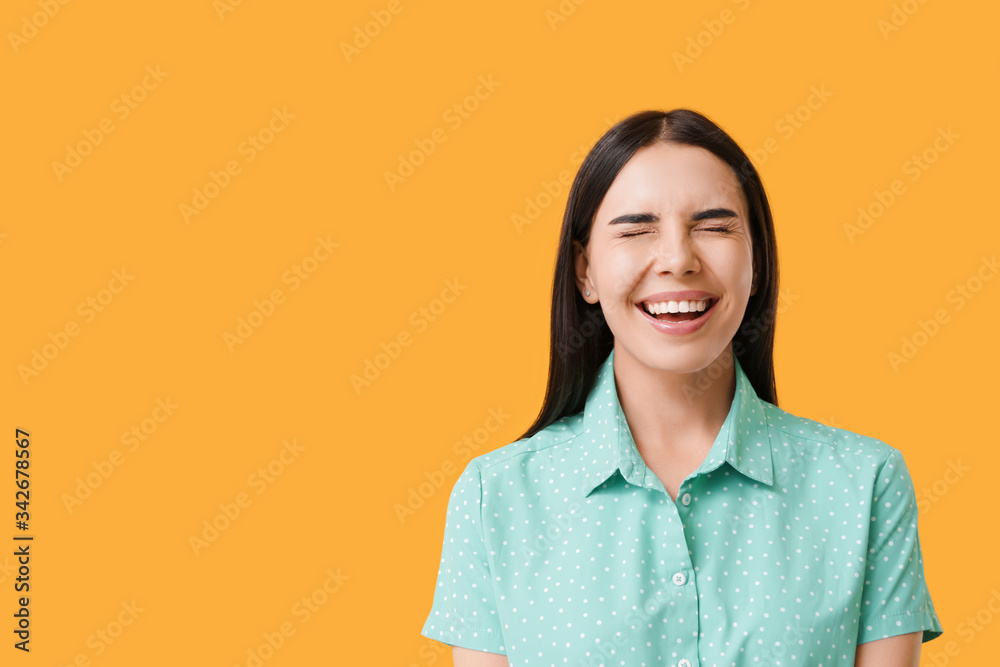 Happy woman with healthy teeth on color background