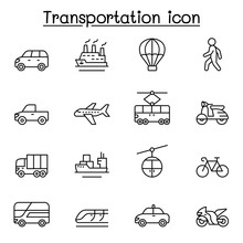 Set Of Transportation Related Vector Line Icons. Contains Such Icons As Airplane, Bus, Truck, Lorry, Scooter, Motorcycle, Walking, Bicycle, Taxi, Train, Cruise And More.
