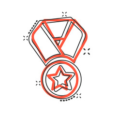 Medal icon in comic style. Prize cartoon sign vector illustration on white isolated background. Trophy award splash effect business concept.