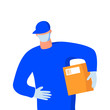 © maria_morozova - vector delivery man carrying the cardboard box in hand with mask and gloves