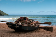 Fishing Boat On The Beach, With Oars, Nets And Fishing Equipment. Tropical Caribbean Paradise. Dominican Republic Typical Seascape.