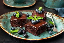 Chocolate Brownie Cakes Dessert With Blueberry