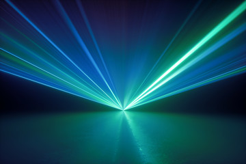 3d render, digital illustration. Bright projector shining on the empty stage, glowing laser rays, abstract neon light background, green blue disco lighting