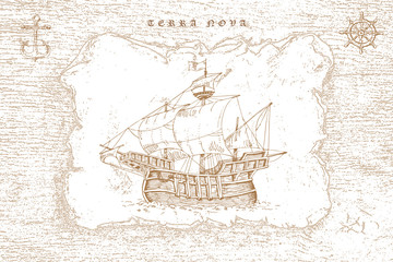 Poster - vector image of a vintage caravel in old engraving style	