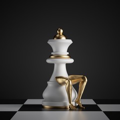 3d render, surreal concept, chess game piece, white king sits, object with golden slim model legs, classic checkered floor, abstract modern minimal design