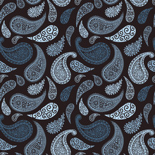 Paisley Pattern Background, Seamless Floral Textile Ornament, Vector Illustration. Pastel Pale Blue And Black Abstract Vintage Paisley Pattern, Flower Decoration, Floral Fabric Fashion Art Design
