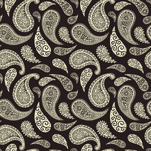 Paisley Pattern, Golden Floral Background, Seamless Flower And Leaf Ornament, Vector Illustration. Brown And Beige Abstract Vintage Paisley Pattern Decoration, Floral Fabric Art Design Background