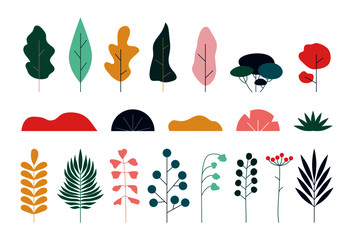 Summer flat leaves. Set of garden leaf, gradation fantasy color trees minimal design, nature botanical tree foliage and forest plants. Isolated vector illustration