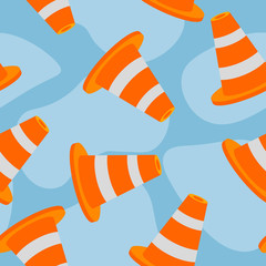 Seamless pattern with red traffic cone. Inspired by road, building machinery.  background for decoration children's room, invitations, website.