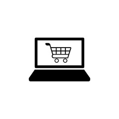Poster - Laptop, desktop, computer icon with shopping baskets in black simple design on an isolated background. EPS 10 vector.