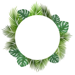 Vector decorative round frame with realistic monstera and palm leaves on white background