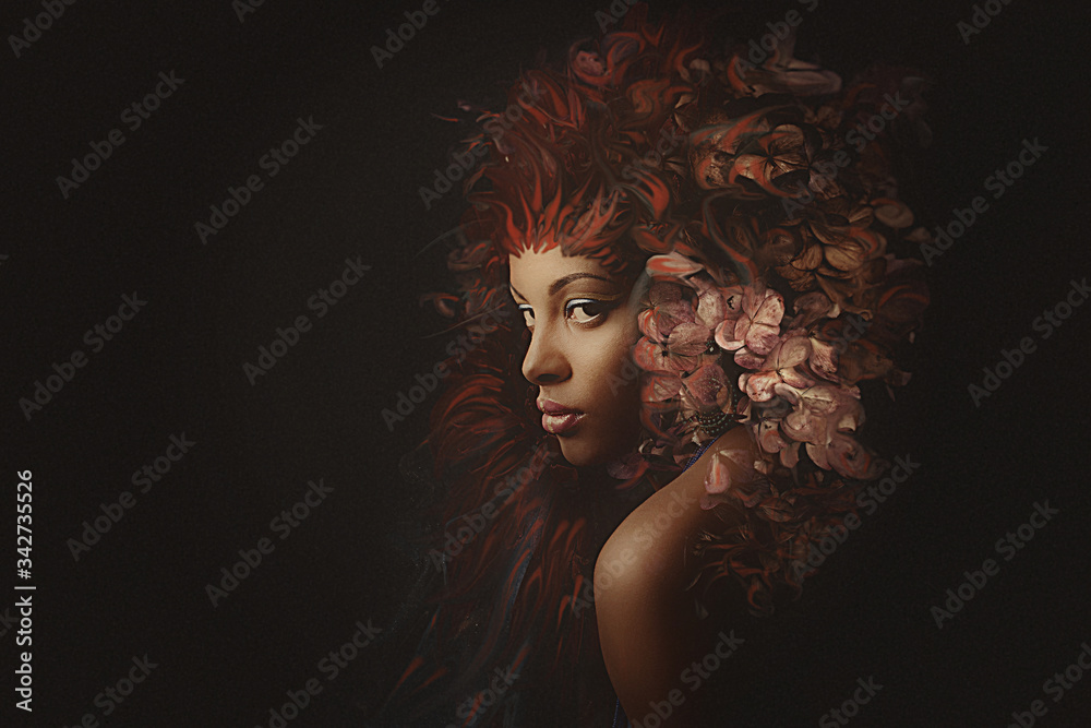 young black woman fantasy portrait composite photo - obrazy, fototapety, plakaty 