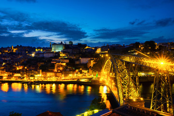 Poster - Aerial view of Ribeira area in Porto, Portugal during a night with river