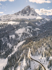 Aerial view os Sass de Putia in Trentino Alto Adige, Erbe pass in Italy, Europe.
