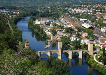 Wall Mural - View of the Gothic Valentre Bridge (14th century) . City of Cahors. France.