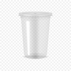 Wall Mural - clear empty plastic cup with flat lid on transparent background, realistic mockup. disposable takeaw