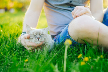 A man with a cat for a walk in the park