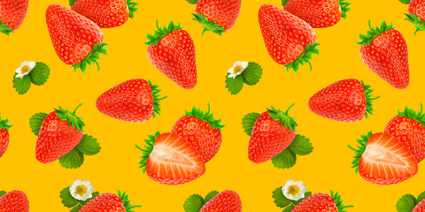 Wall Mural - Strawberry seamless pattern on yellow background