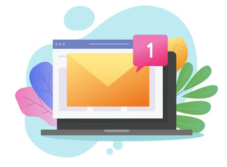 Fototapete - New email or electronic mail notice vector message on laptop computer or inbox incoming notification on pc screen flat cartoon colorful illustration, concept of digital or internet letter icon image
