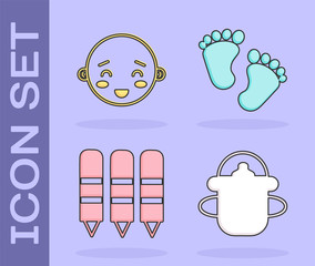 Poster - Set Baby bottle, Happy little boy head, Wax crayons for drawing and Baby footprints icon. Vector