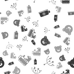 Sticker - Set Baby potty, Baby crib hanging toys, Teddy bear plush toy and Toy train on seamless pattern. Vector