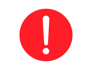 Wall Mural - Round warning sign in red flat design. Error alert with white exclamation mark in circle. Caution symbol to get attention message. Vector EPS 10