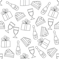 Celebration: simple drawings, colorless seamless pattern, wallpaper texture print, wrapping design. Vector graphics.