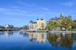 Norrkoping waterfront and Motala stream on a sunny spring day in Aril 2020. Norrkoping is a historic industrial town in Sweden.