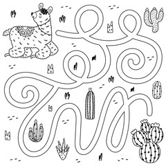 Wall Mural - Help the llama find the way to cactus. Black and white maze game for kids