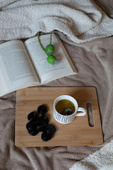 Cozy breakfast in bed at home