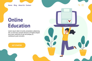 online education banner with a girl holding laptop
