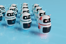 Red Chatbot Robot Leading White Robots On Blue Background 3D Rendering