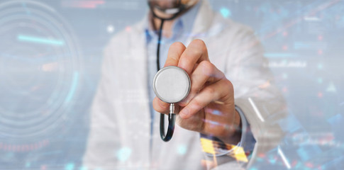 Poster - scientist using digital technological interface with datas 3d rendering