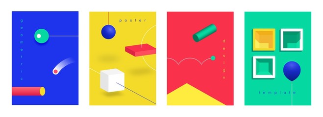 Poster - Abstract 3D posters. Isometric futuristic technology banners with geometric gradient shapes. Vector illustration trendy modern design backdrop with vibrant colors
