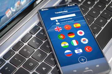 Poster - Foreign languages translation or learning languages online. Mobile phone or smartphone with dictionary app on the screen.