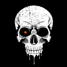 Human Skull With Red Eye On Black Background. Grunge Print Template. Vector Illustration