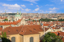 Old Town Architecture With Red Roofs In Prague,Top View To Red Roofs Skyline Of Prague City,
