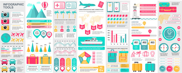 Poster - Bundle travel infographic UI, UX, KIT elements with charts, diagrams, summer vacation, flowchart, travel timeline, journey icons elements design template. Vector info graphics and infographics set.