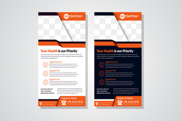 health banner design template with the vertical layout. Roll up banner use space for a photo on top. This design use combination of dark blue, purple, and orange colors. white and blue background.