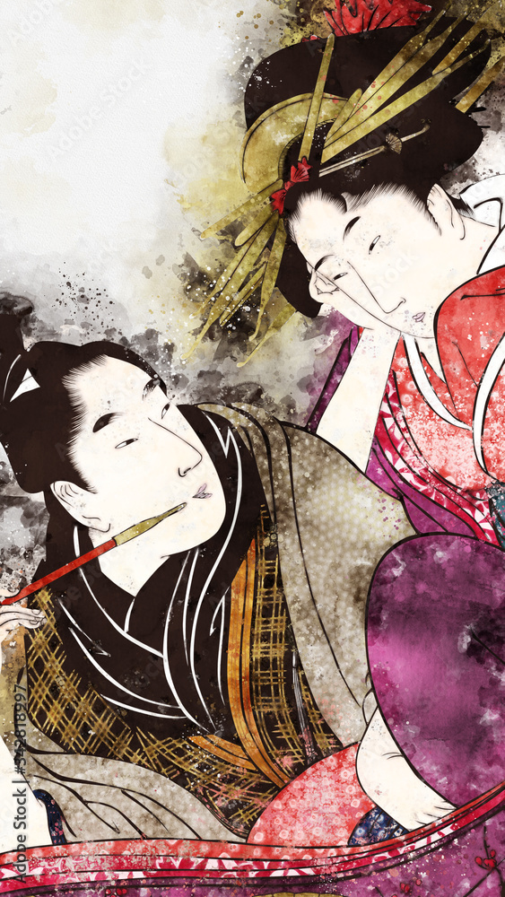 浮世絵 男女 その3 水彩 の Stock イラスト | Adobe Stock
